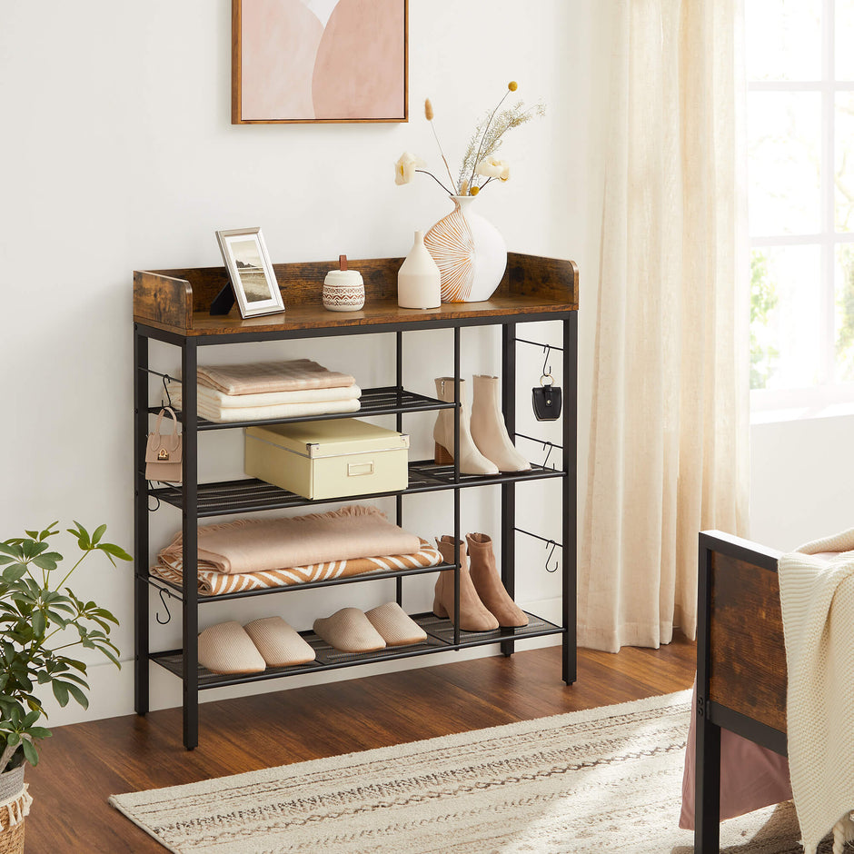 Shoe Storage Rack – Metal Frame – Rustic Brown and Black – Holds Up to 14 Pairs