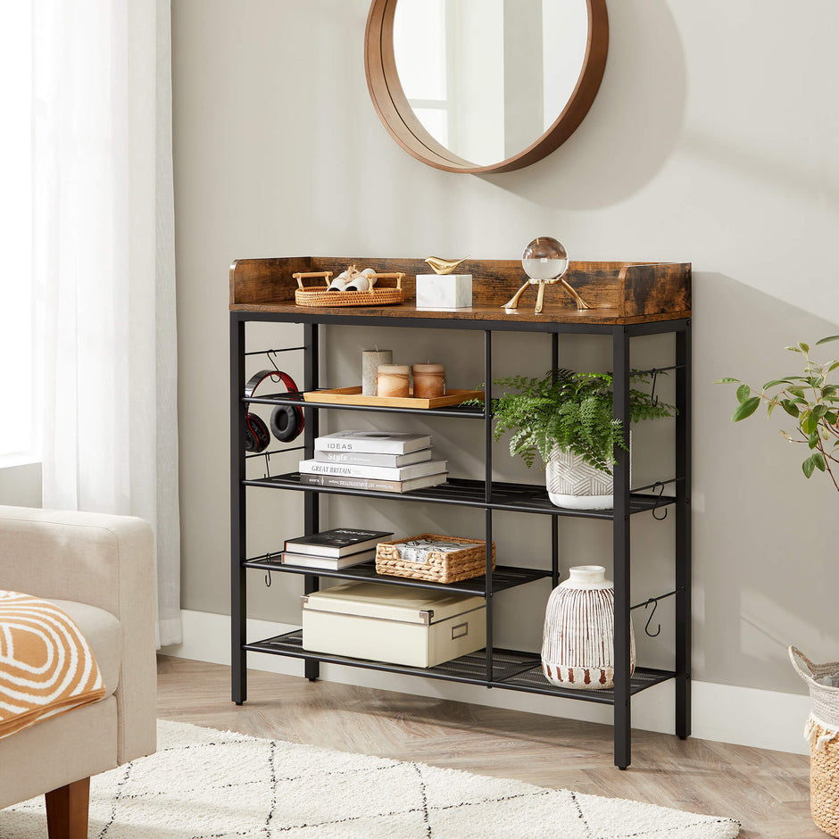 Shoe Storage Rack – Metal Frame – Rustic Brown and Black – Holds Up to 14 Pairs