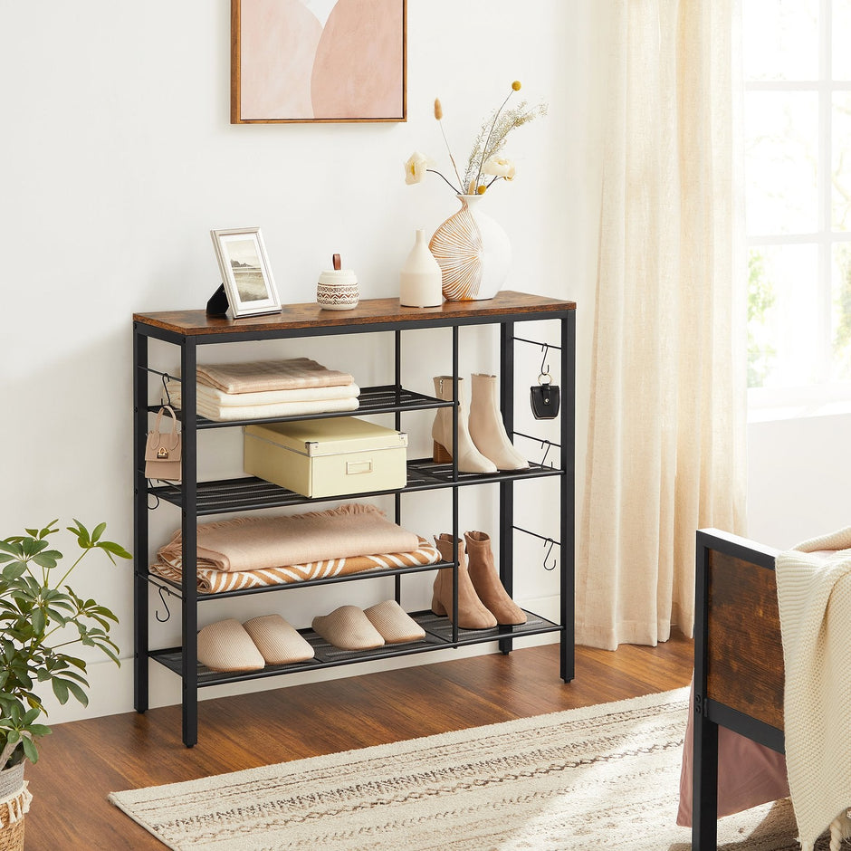 Shoe Rack – Wood – Rustic Brown and Black – Holds Up to 14 Pairs