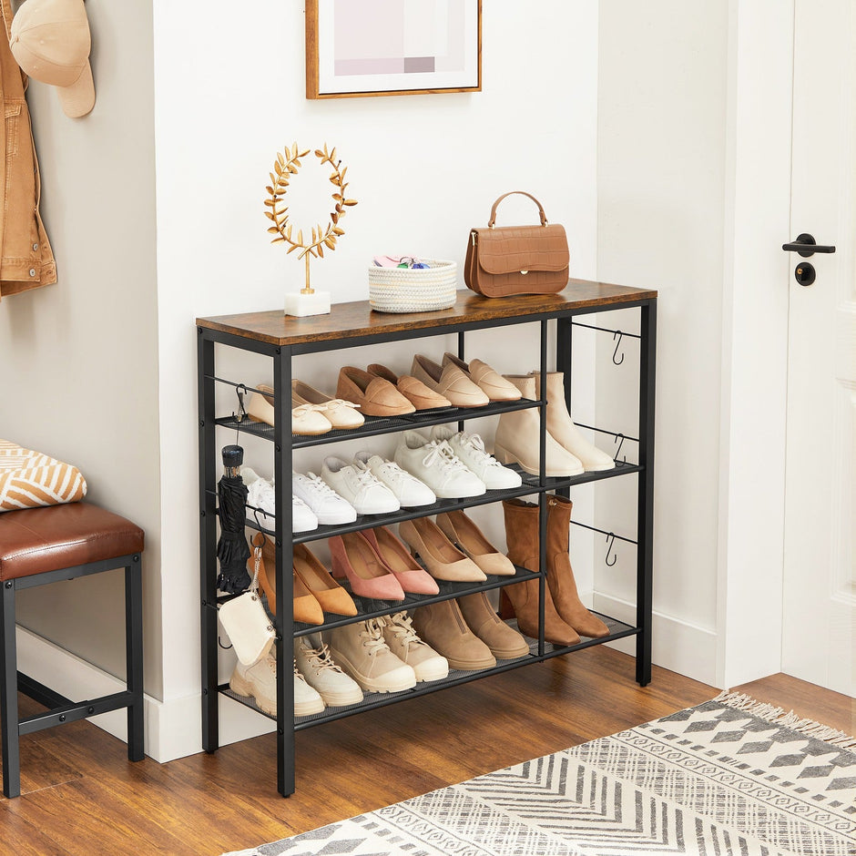 Shoe Rack – Wood – Rustic Brown and Black – Holds Up to 14 Pairs
