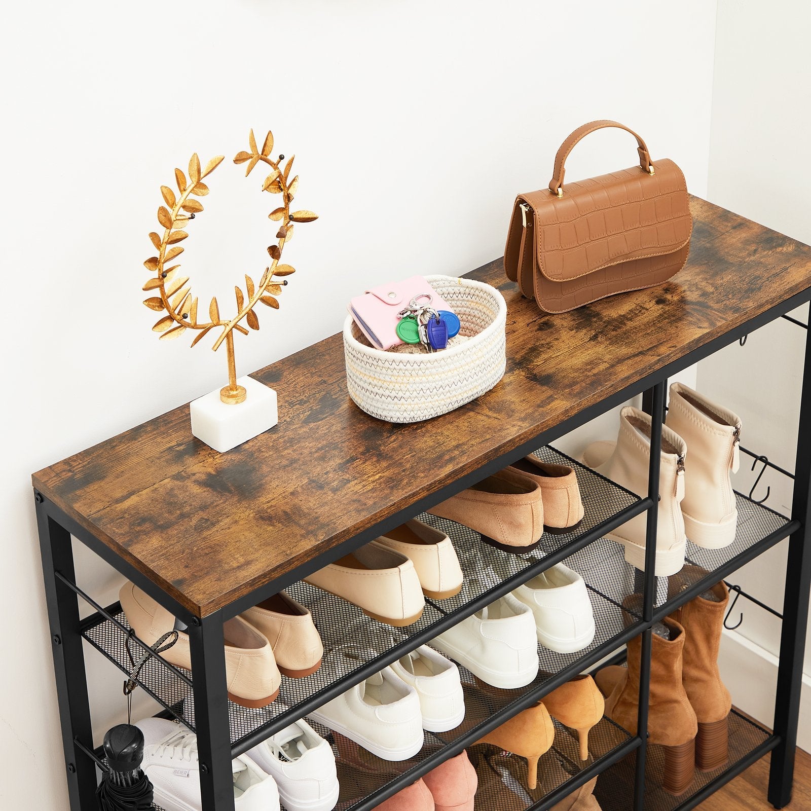 Shoe Rack – Wood – Rustic Brown and Black – Holds Up to 14 Pairs