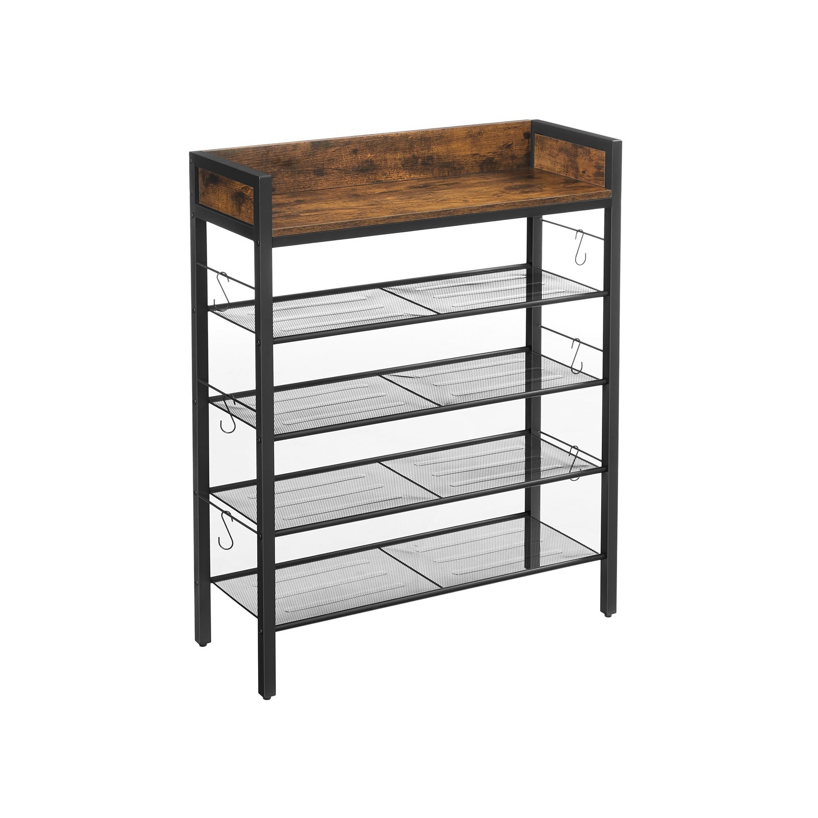 Shoe Rack – Metal and Wood – Rustic Brown and Black – 4 Mesh Shelves with Raised Edge and Hooks