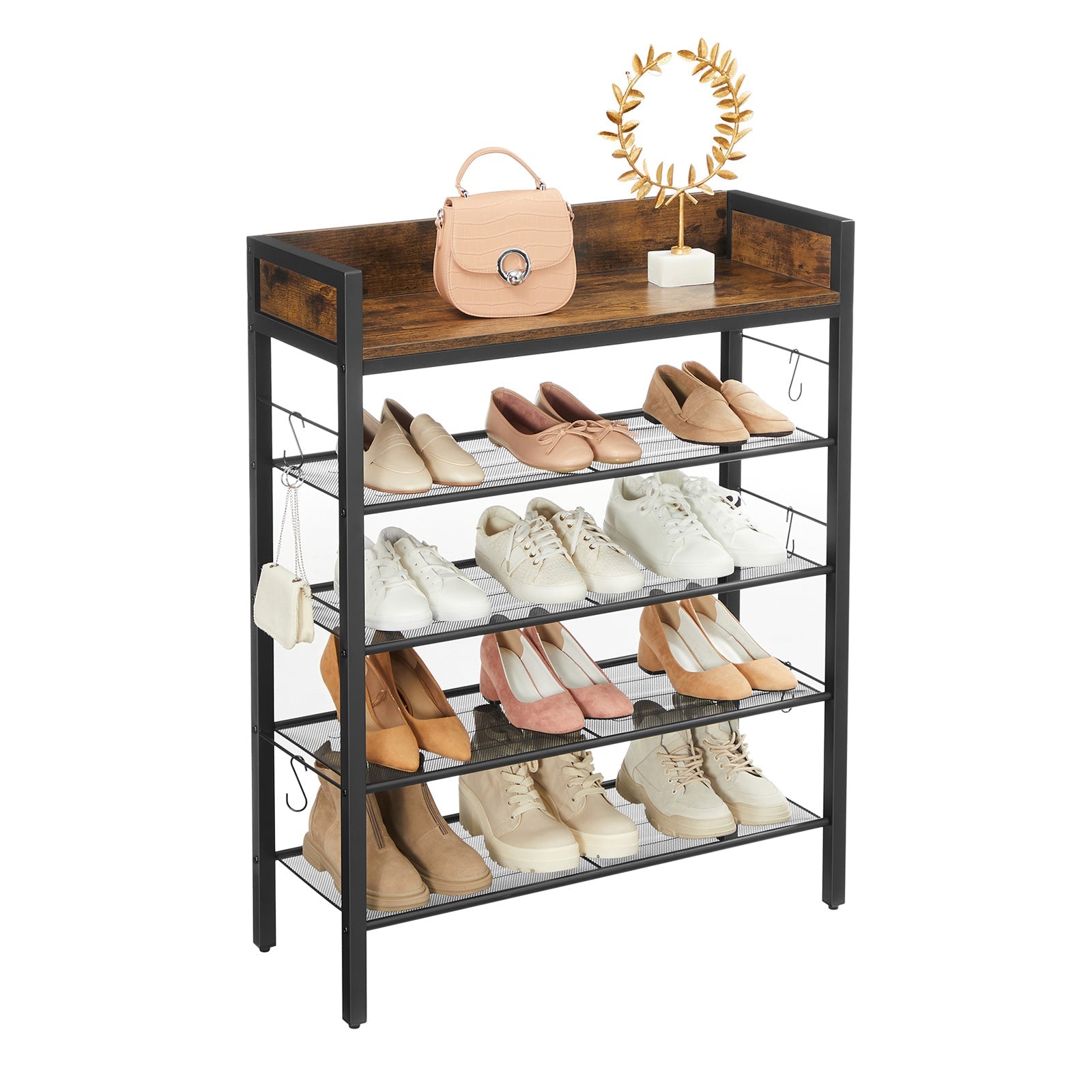 Shoe Rack – Metal and Wood – Rustic Brown and Black – 4 Mesh Shelves with Raised Edge and Hooks