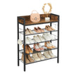 Shoe Rack – Metal and Wood – Rustic Brown and Black – 4 Mesh Shelves with Raised Edge and Hooks