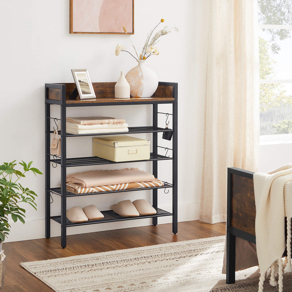Shoe Rack – Metal and Wood – Rustic Brown and Black – 4 Mesh Shelves with Raised Edge and Hooks