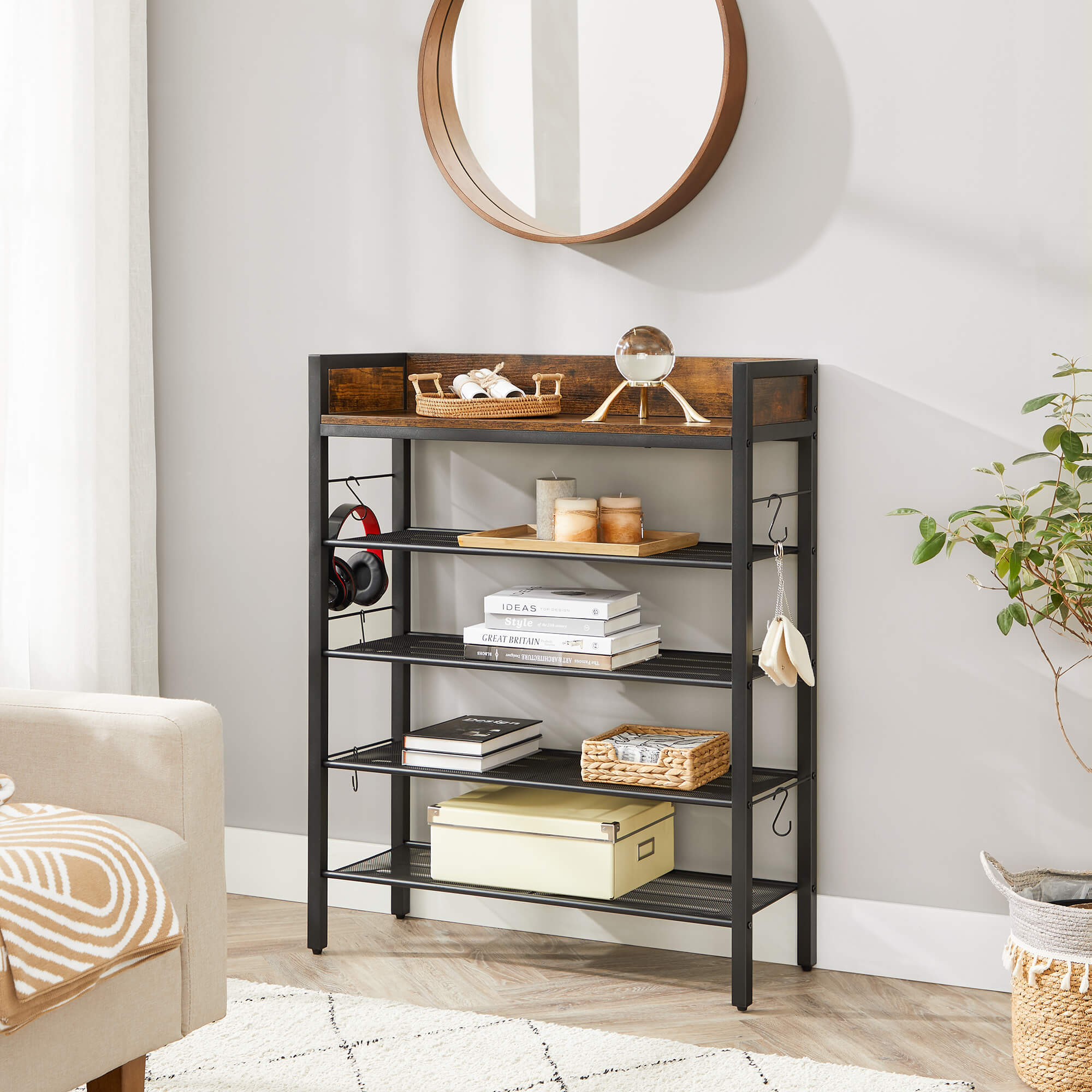 Shoe Rack – Metal and Wood – Rustic Brown and Black – 4 Mesh Shelves with Raised Edge and Hooks