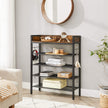 Shoe Rack – Metal and Wood – Rustic Brown and Black – 4 Mesh Shelves with Raised Edge and Hooks