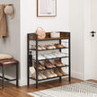 Shoe Rack – Metal and Wood – Rustic Brown and Black – 4 Mesh Shelves with Raised Edge and Hooks