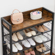 Shoe Rack – Metal and Wood – Rustic Brown and Black – 4 Mesh Shelves with Raised Edge and Hooks