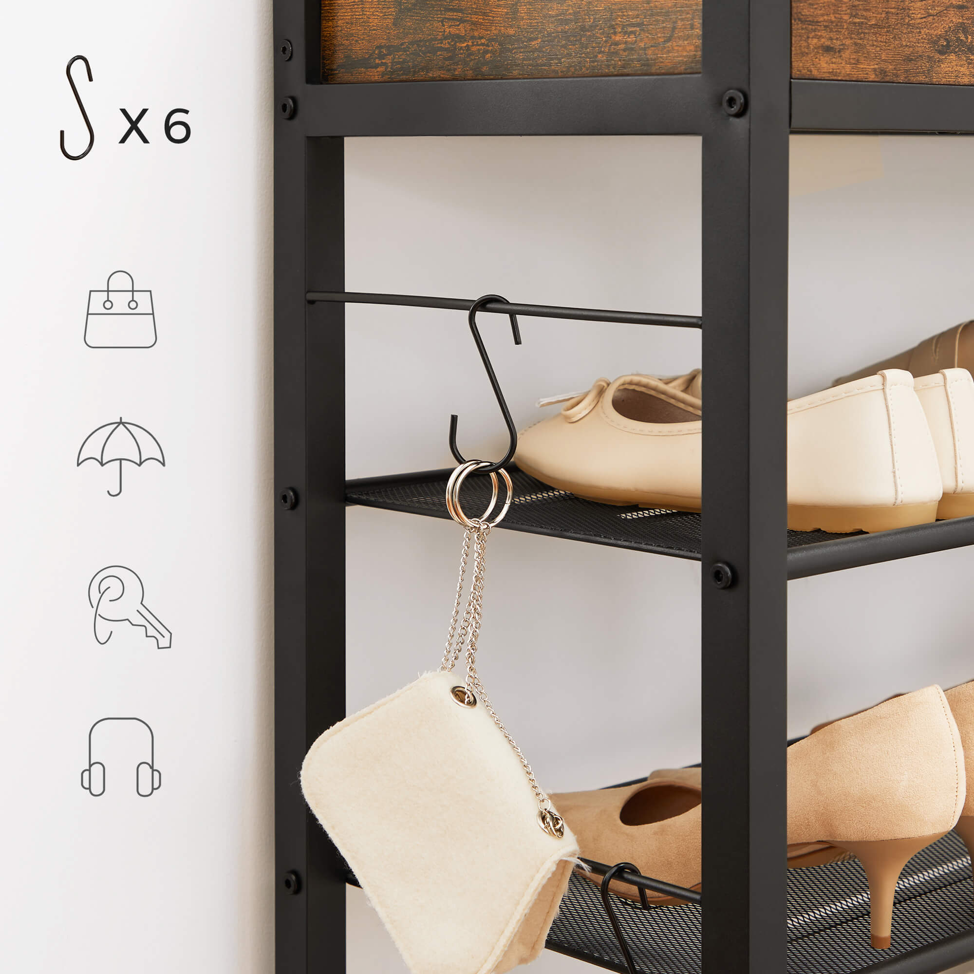 Shoe Rack – Metal and Wood – Rustic Brown and Black – 4 Mesh Shelves with Raised Edge and Hooks
