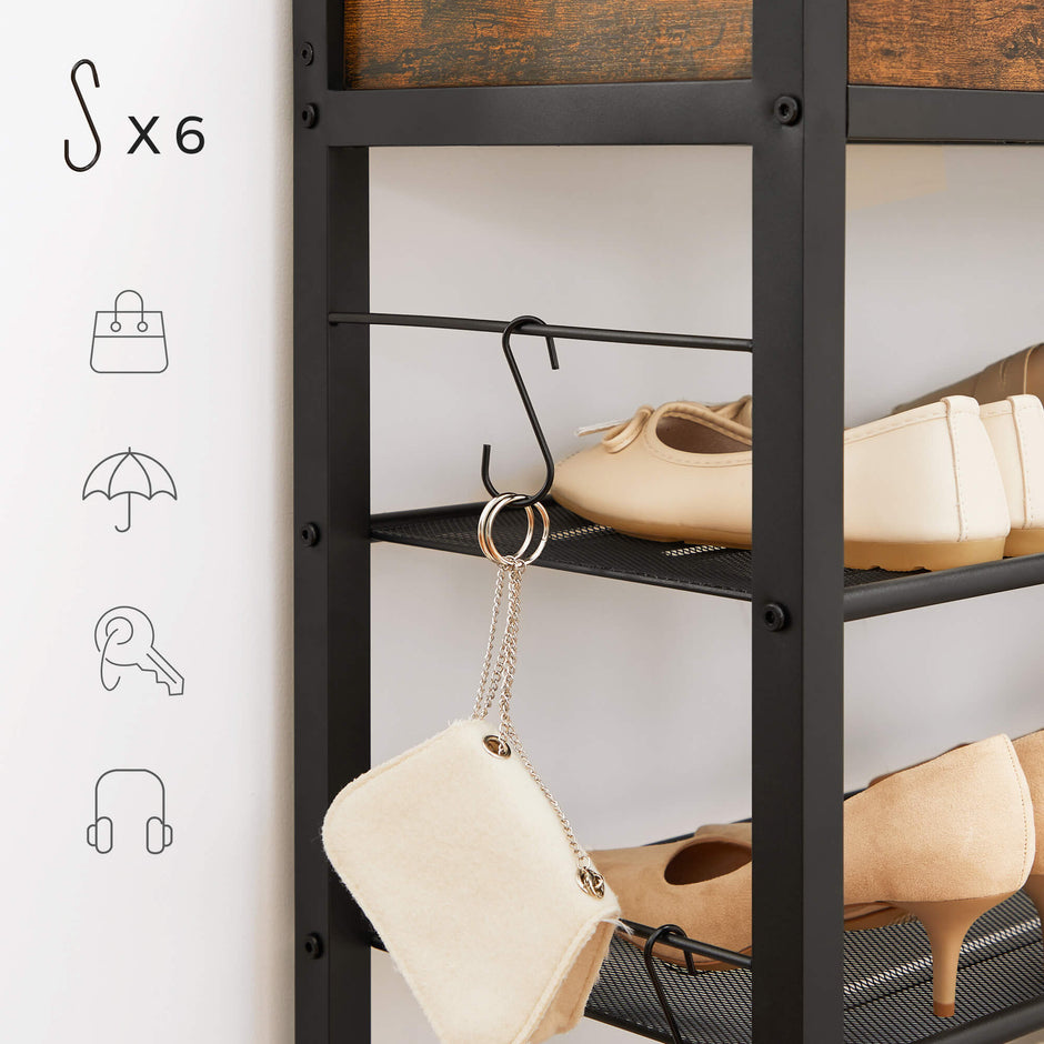 Shoe Rack – Metal and Wood – Rustic Brown and Black – 4 Mesh Shelves with Raised Edge and Hooks