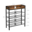 Shoe Rack – Metal and Wood – Rustic Brown and Black – 4 Mesh Shelves with Raised Edge and Hooks