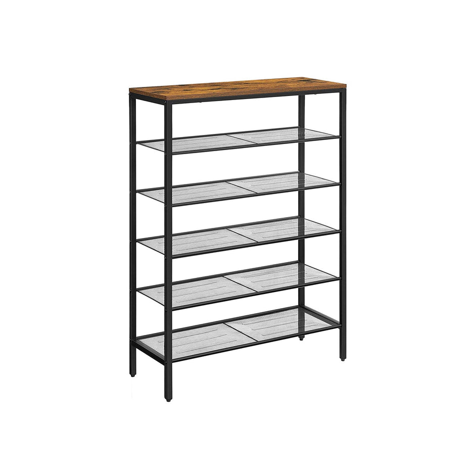 Shoe Rack – Steel – Rustic Brown and Black – 6-Tier Mesh Shelves for 15 Pairs