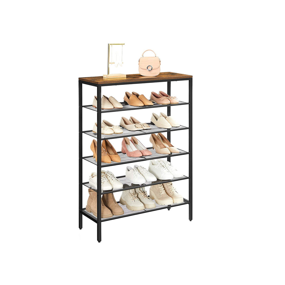Shoe Rack – Steel – Rustic Brown and Black – 6-Tier Mesh Shelves for 15 Pairs