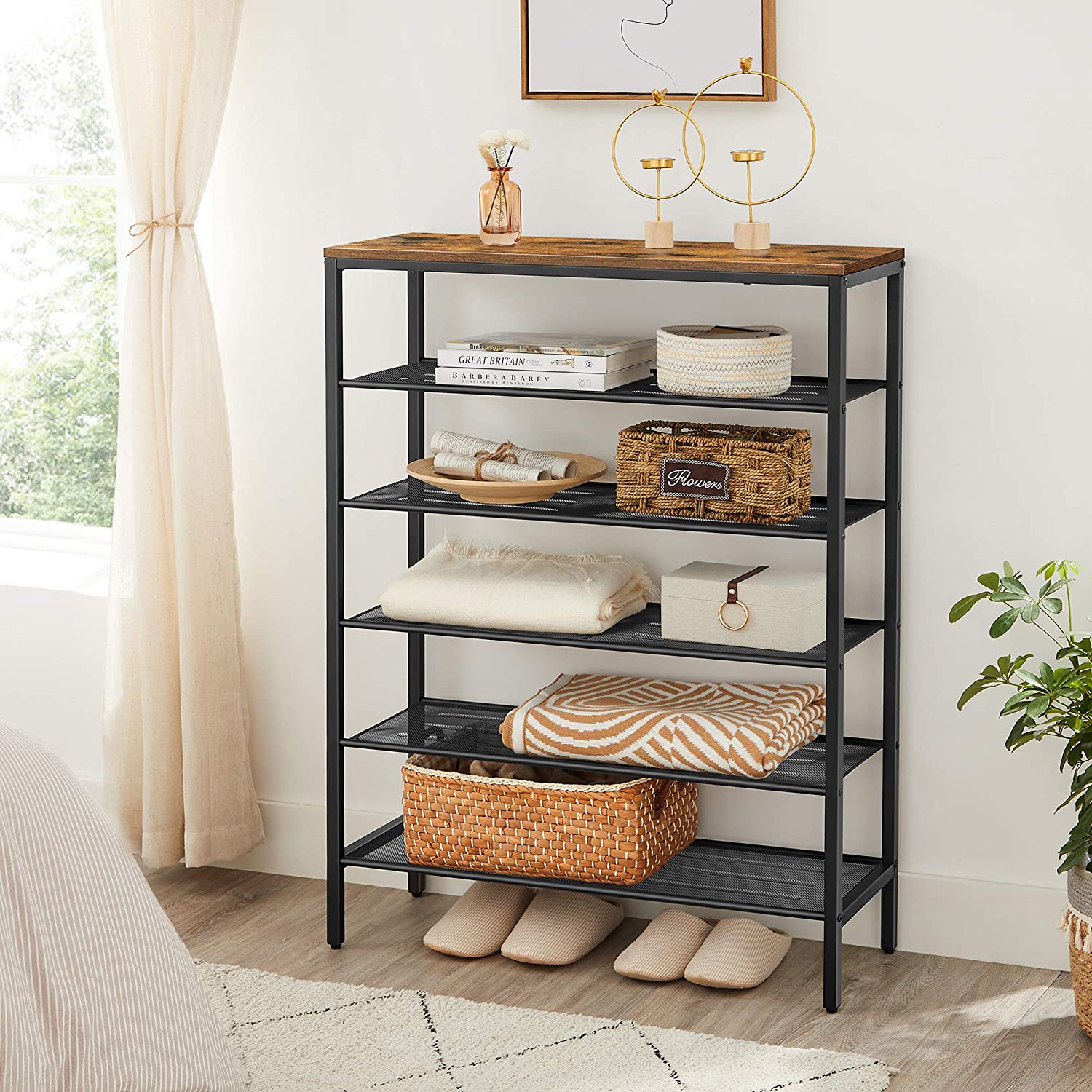 Shoe Rack – Steel – Rustic Brown and Black – 6-Tier Mesh Shelves for 15 Pairs