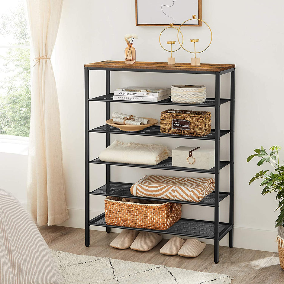 Shoe Rack – Steel – Rustic Brown and Black – 6-Tier Mesh Shelves for 15 Pairs