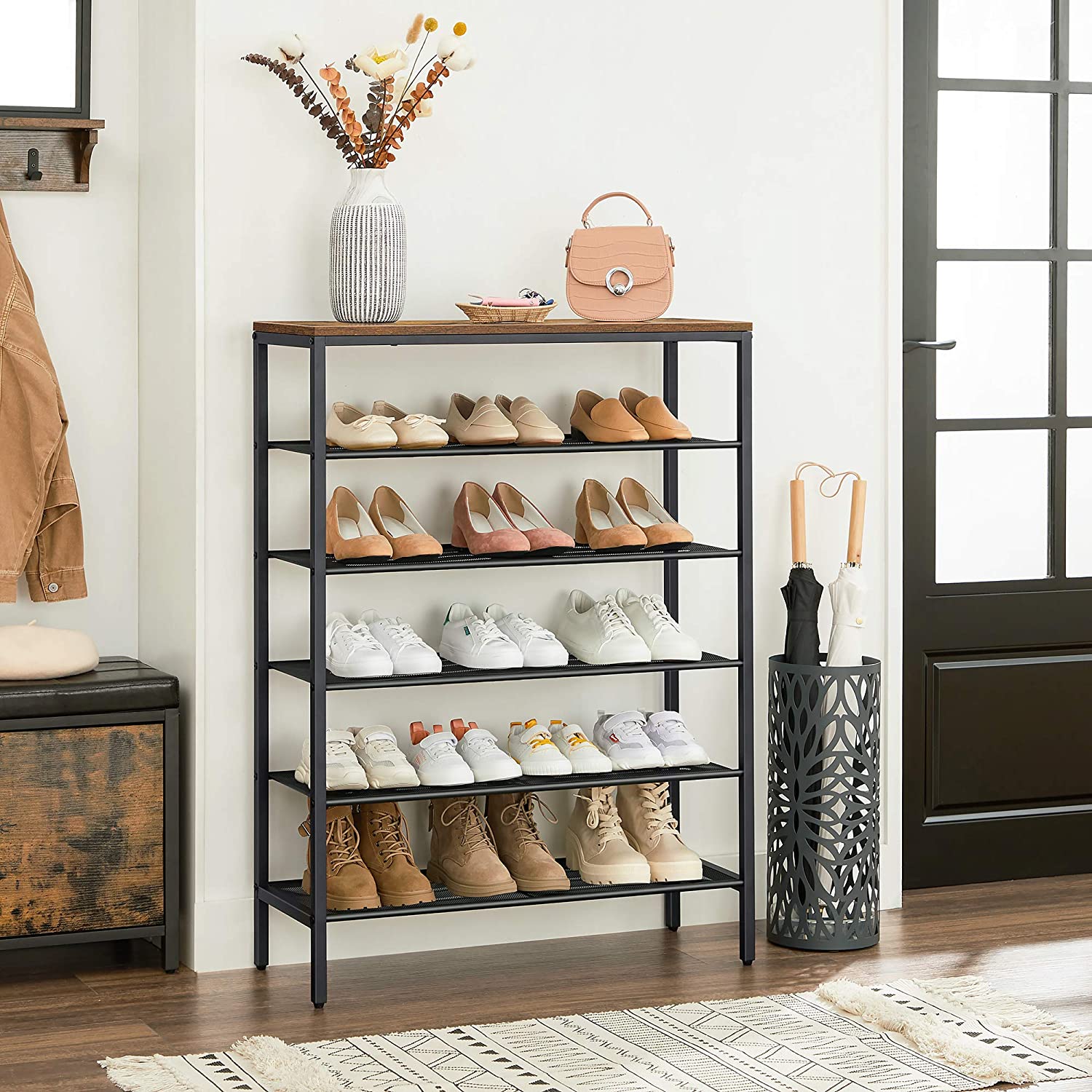 Shoe Rack – Steel – Rustic Brown and Black – 6-Tier Mesh Shelves for 15 Pairs