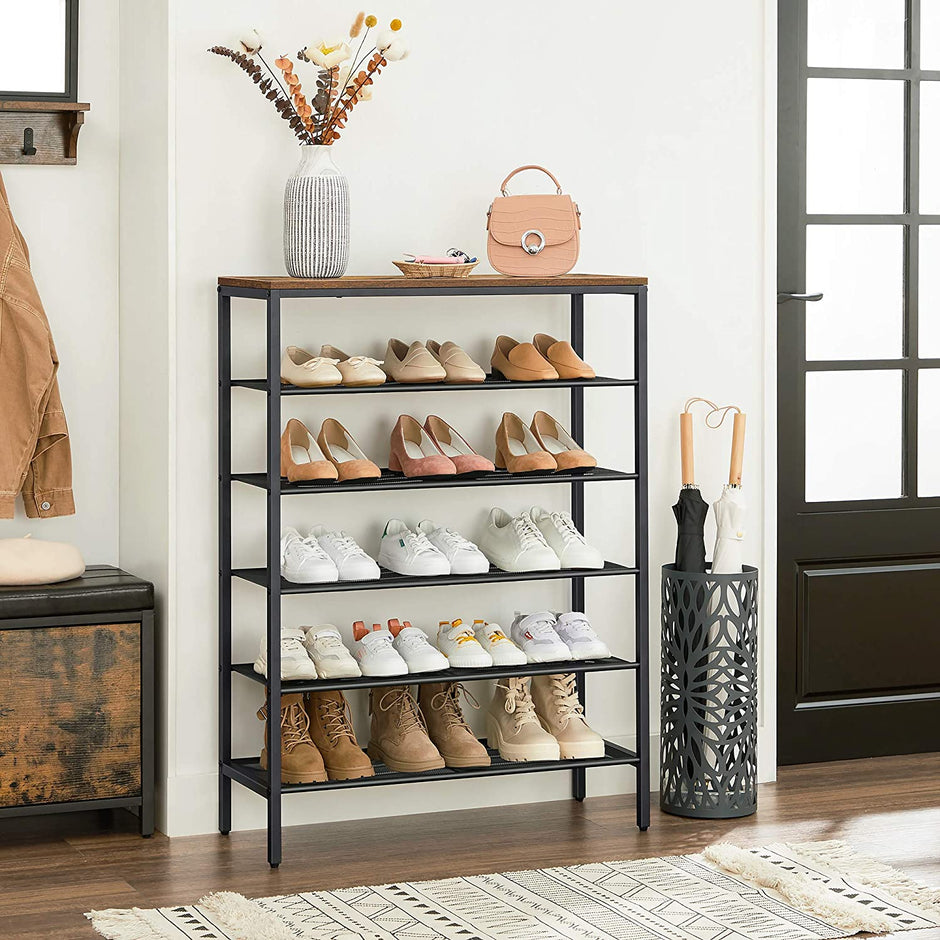Shoe Rack – Steel – Rustic Brown and Black – 6-Tier Mesh Shelves for 15 Pairs