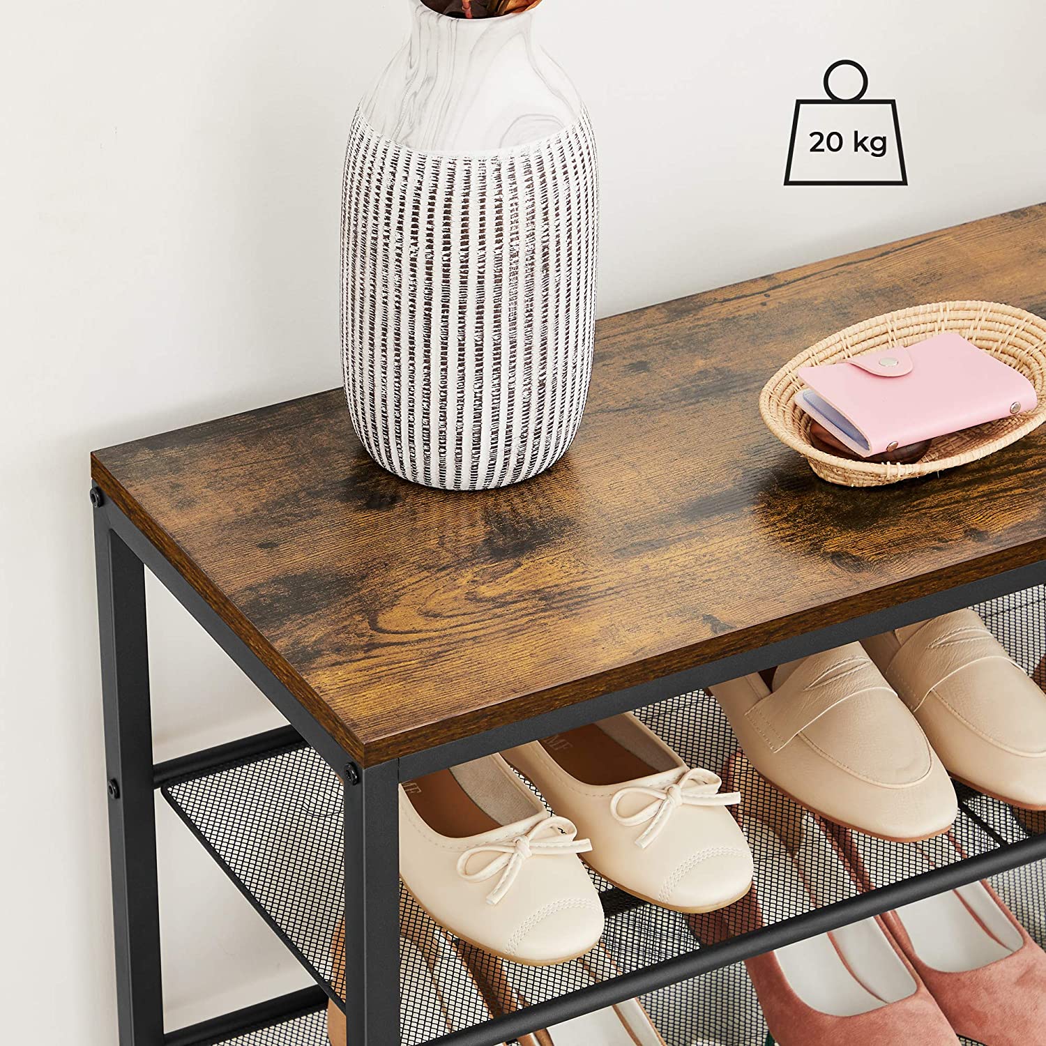 Shoe Rack – Steel – Rustic Brown and Black – 6-Tier Mesh Shelves for 15 Pairs