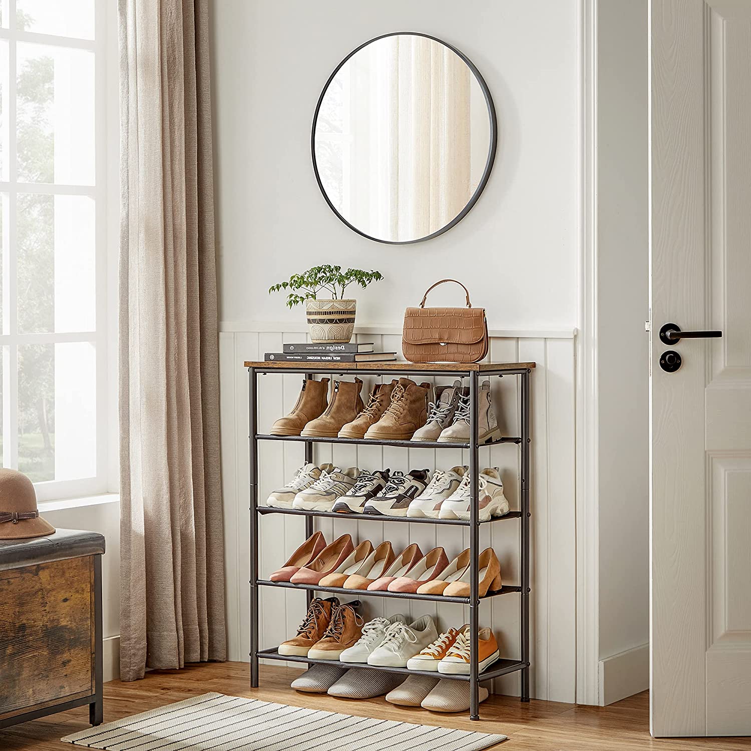Industrial Shoe Rack – Steel and Fabric – Rustic Brown and Black – 5 Tiers with Top Storage for Bags