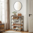 Industrial Shoe Rack – Steel and Fabric – Rustic Brown and Black – 5 Tiers with Top Storage for Bags