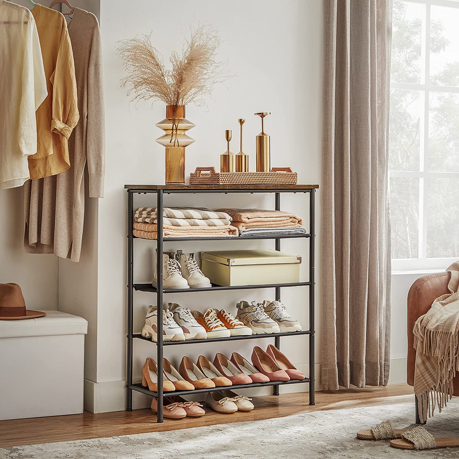 Industrial Shoe Rack – Steel and Fabric – Rustic Brown and Black – 5 Tiers with Top Storage for Bags