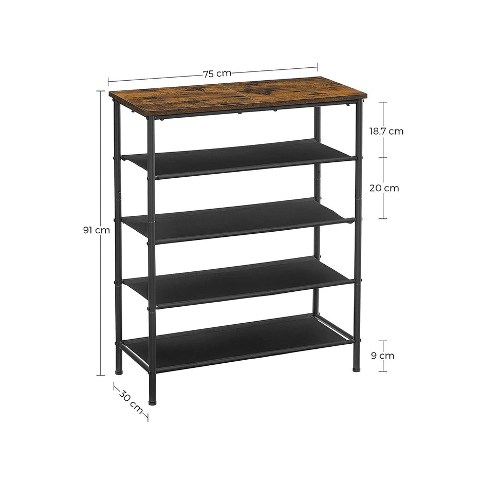 Industrial Shoe Rack – Steel and Fabric – Rustic Brown and Black – 5 Tiers with Top Storage for Bags