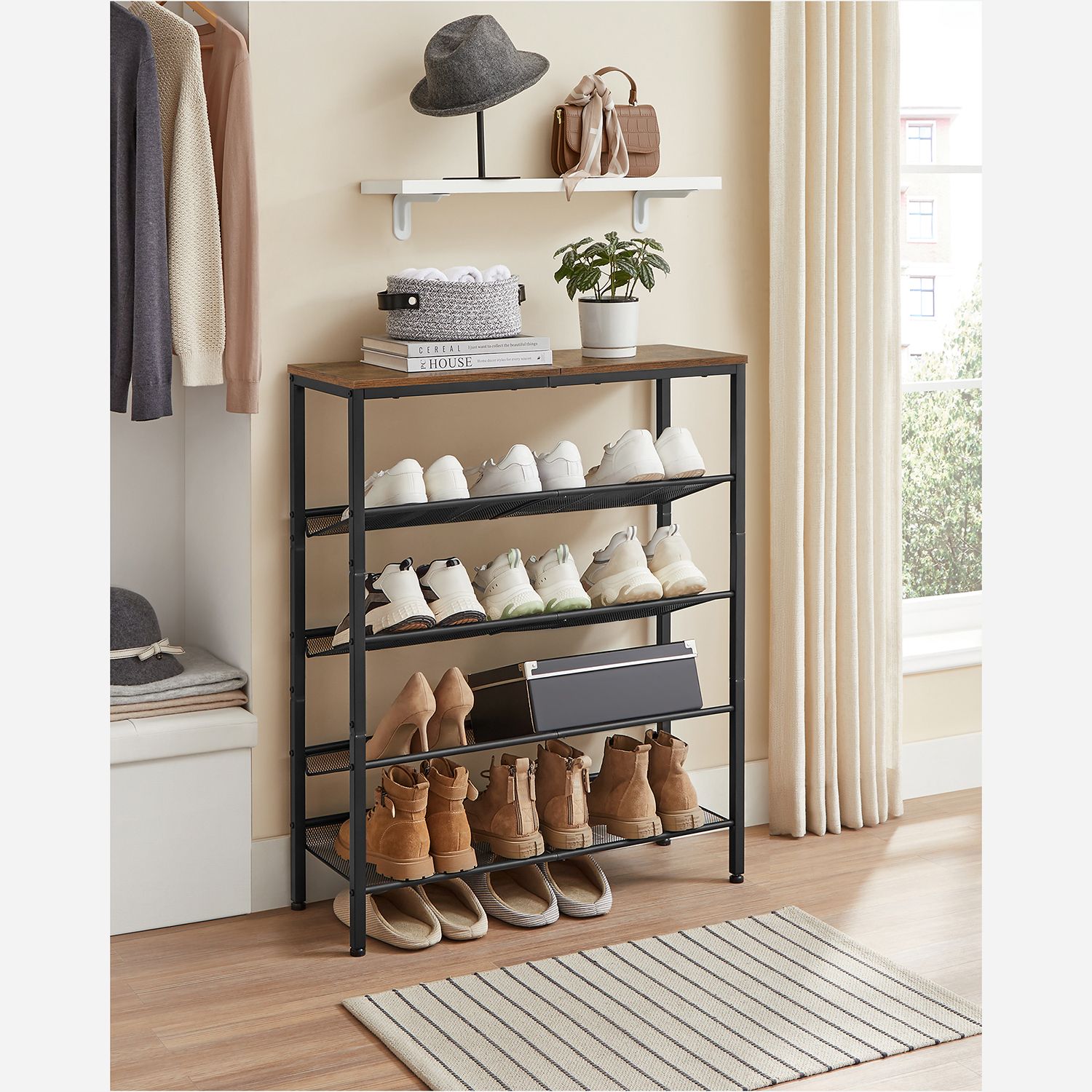 5-Tier Steel Shoe Rack – Rustic Brown & Black – Space-Saving Design with Mesh Shelves and Wide Top Storage