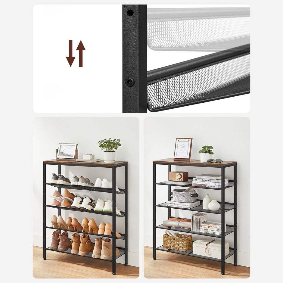 5-Tier Steel Shoe Rack – Rustic Brown & Black – Space-Saving Design with Mesh Shelves and Wide Top Storage