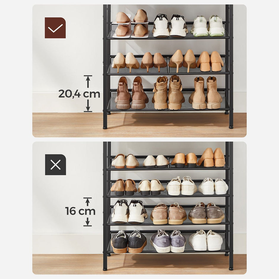 5-Tier Steel Shoe Rack – Rustic Brown & Black – Space-Saving Design with Mesh Shelves and Wide Top Storage