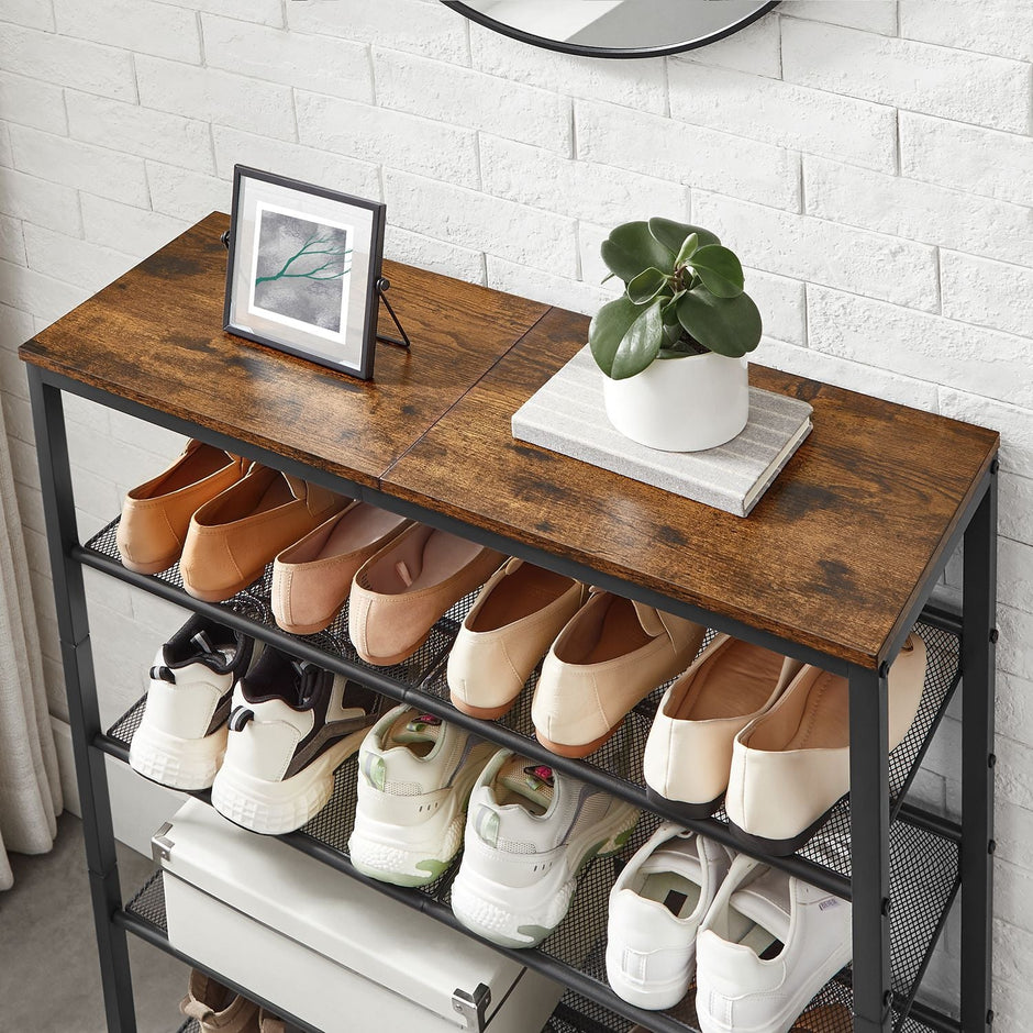5-Tier Steel Shoe Rack – Rustic Brown & Black – Space-Saving Design with Mesh Shelves and Wide Top Storage