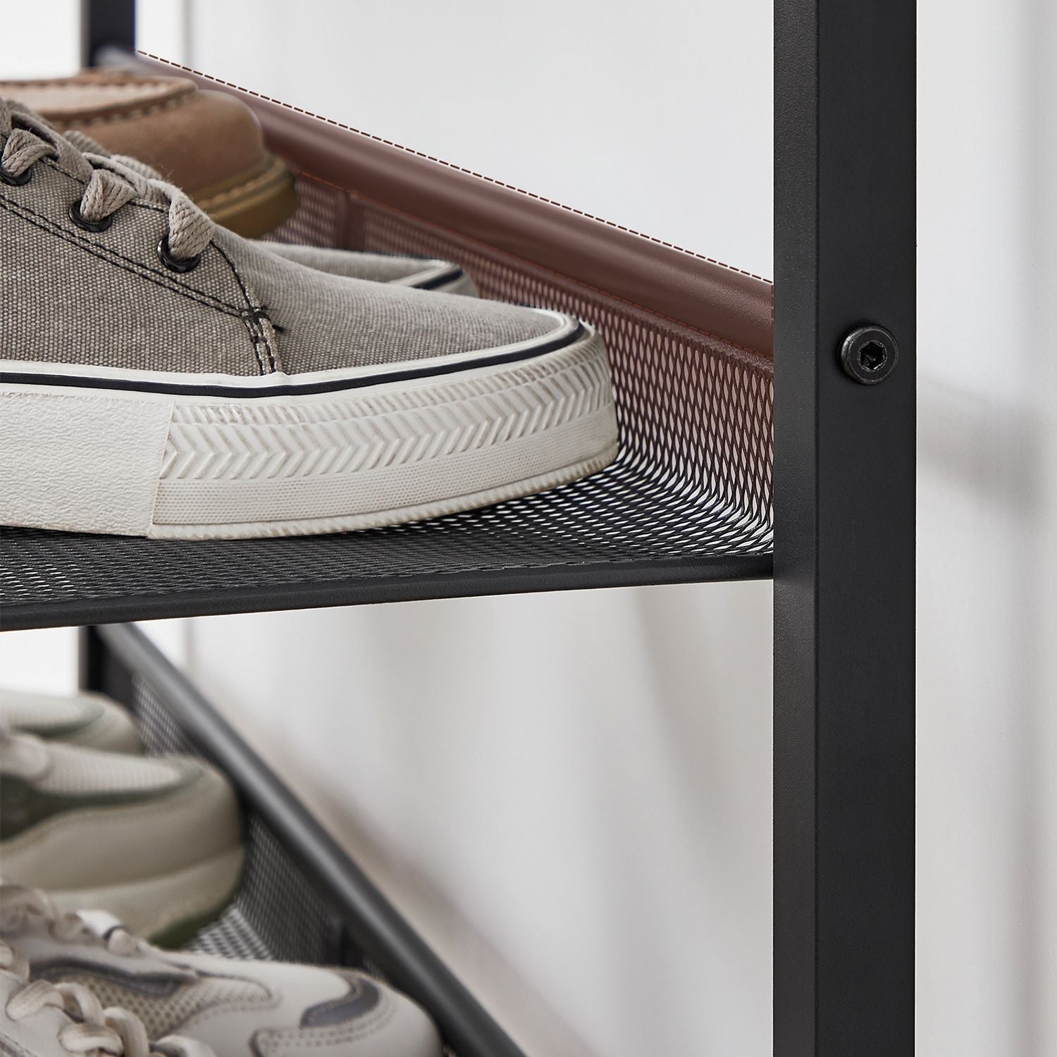 5-Tier Steel Shoe Rack – Rustic Brown & Black – Space-Saving Design with Mesh Shelves and Wide Top Storage