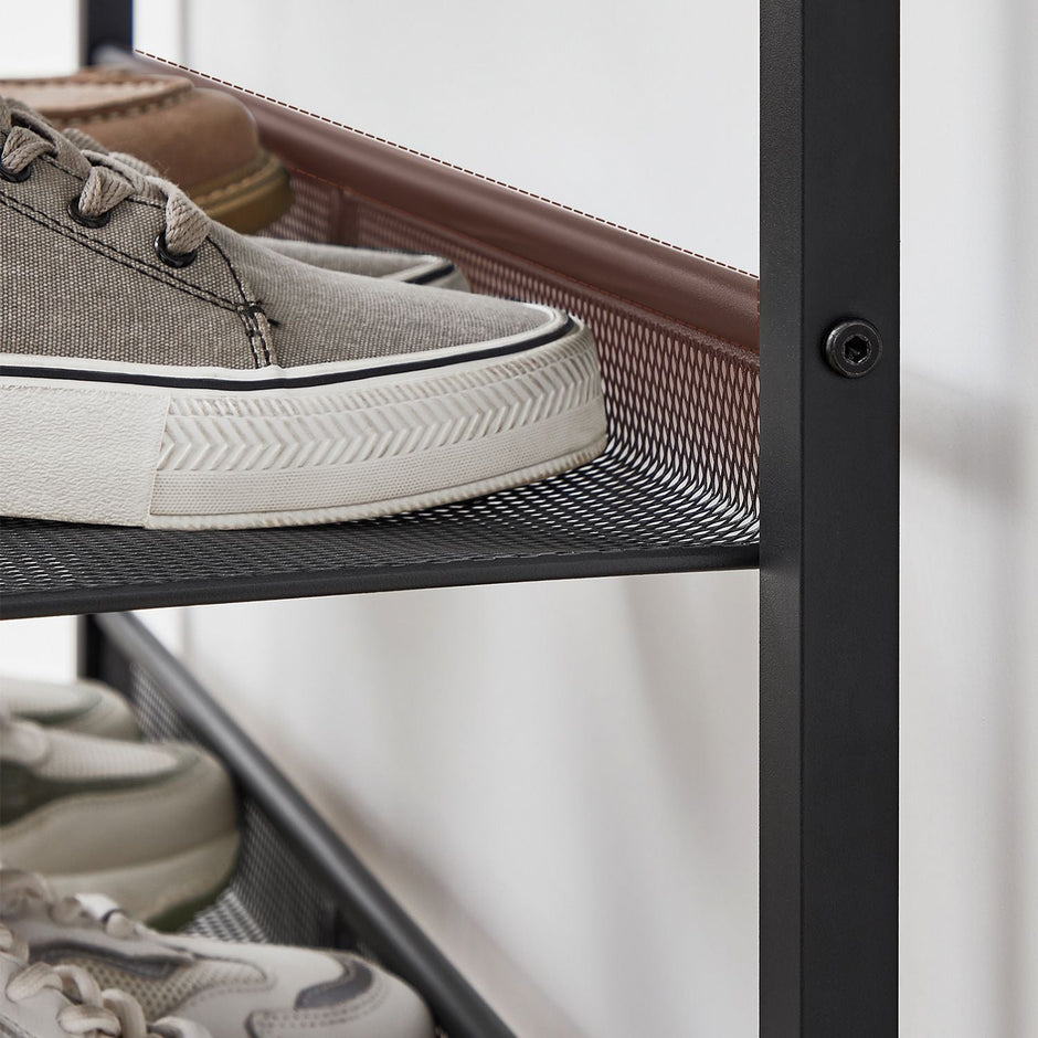 5-Tier Steel Shoe Rack – Rustic Brown & Black – Space-Saving Design with Mesh Shelves and Wide Top Storage