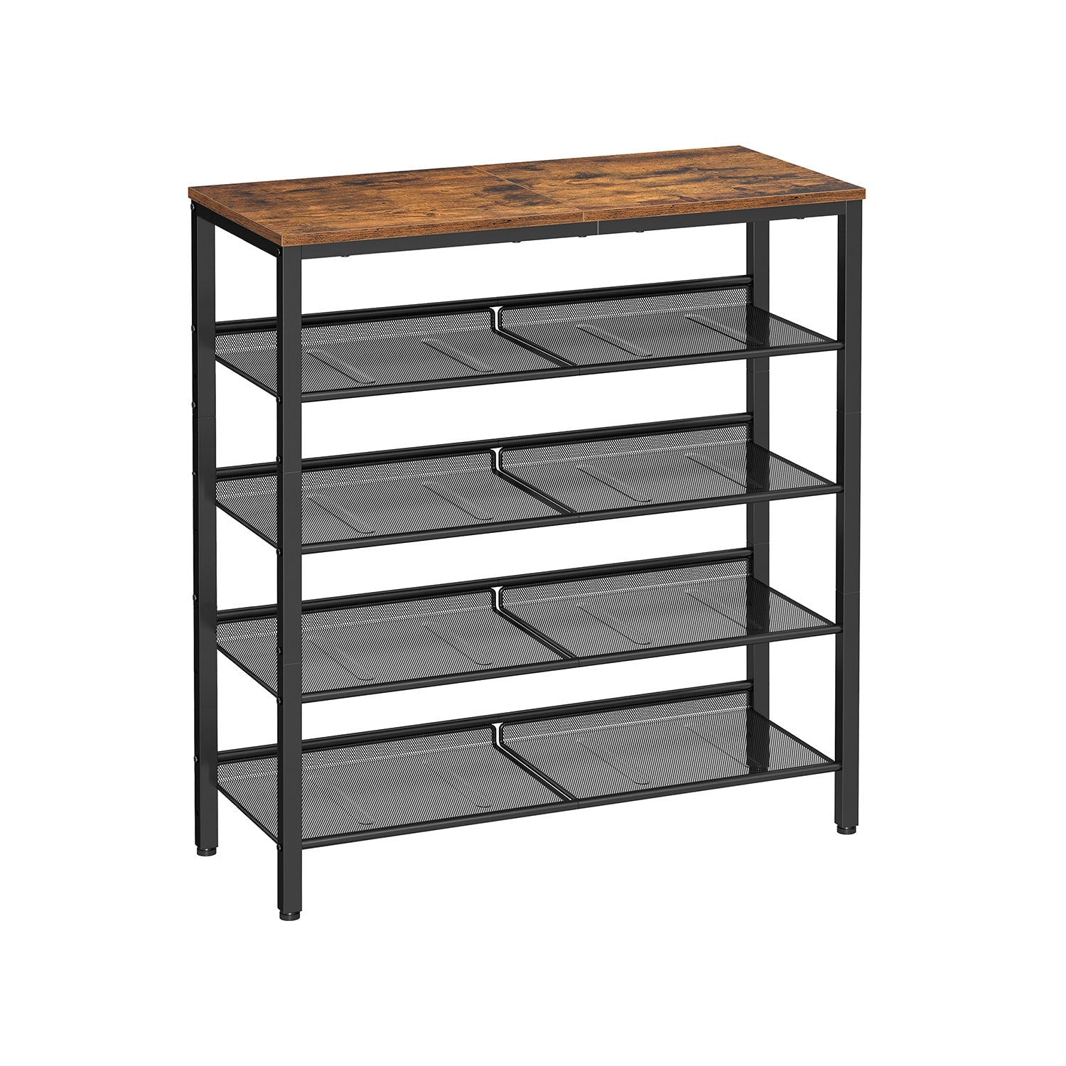 5-Tier Steel Shoe Rack – Rustic Brown & Black – Space-Saving Design with Mesh Shelves and Wide Top Storage