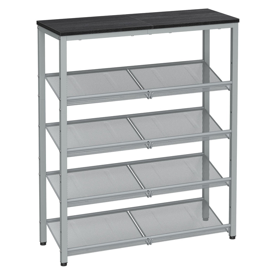 5-Tier Steel Shoe Rack – Rustic Brown & Black – Space-Saving Design with Mesh Shelves and Wide Top Storage