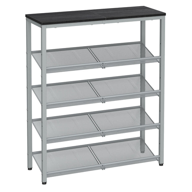 5-Tier Shoe Rack – Steel – Charcoal Grey and Metallic Silver – Space-Saving Design with Mesh Shelves and Wide Top Storage