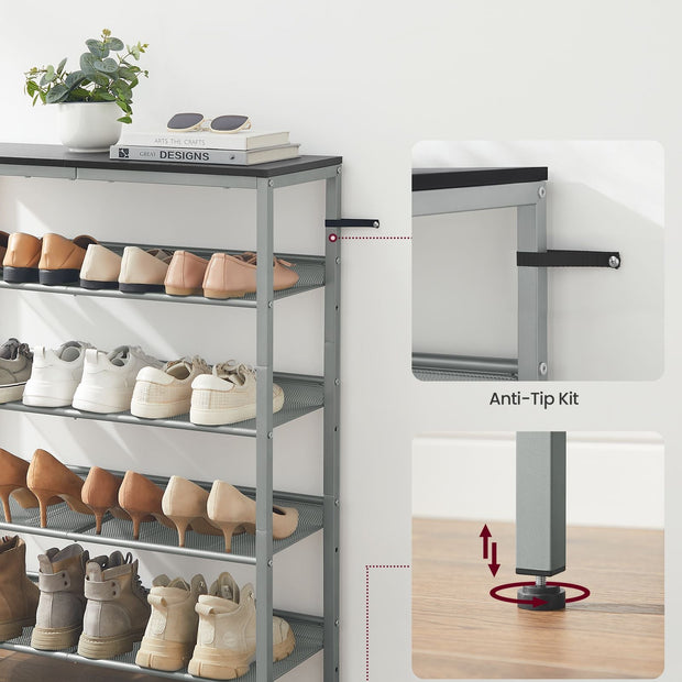 5-Tier Shoe Rack – Steel – Charcoal Grey and Metallic Silver – Space-Saving Design with Mesh Shelves and Wide Top Storage