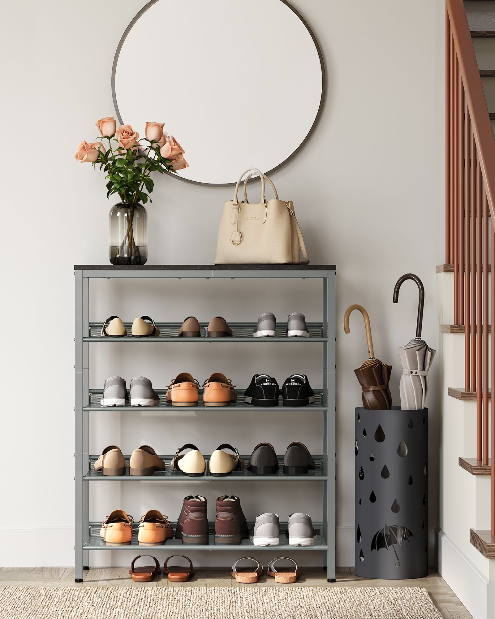 5-Tier Shoe Rack – Steel – Charcoal Grey and Metallic Silver – Space-Saving Design with Mesh Shelves and Wide Top Storage