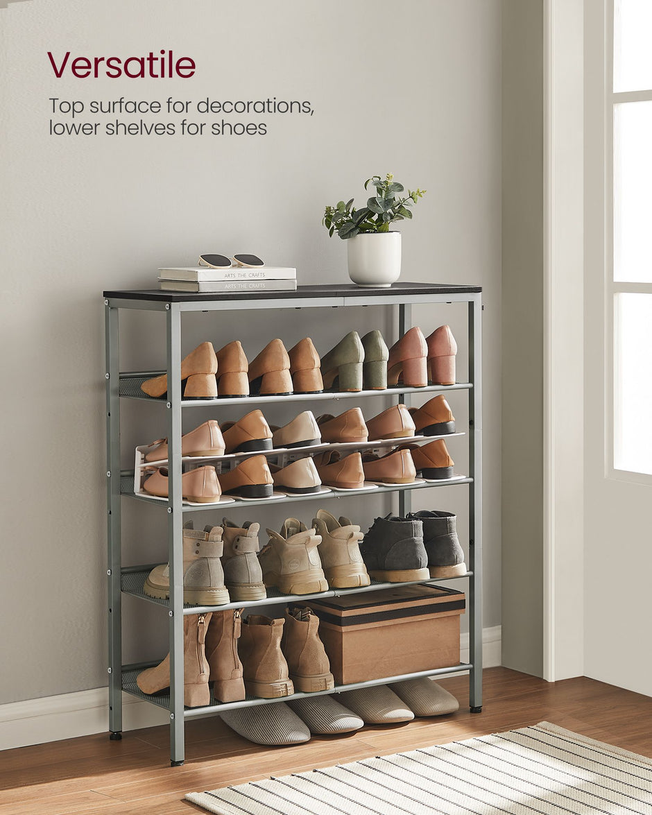 5-Tier Shoe Rack – Steel – Charcoal Grey and Metallic Silver – Space-Saving Design with Mesh Shelves and Wide Top Storage