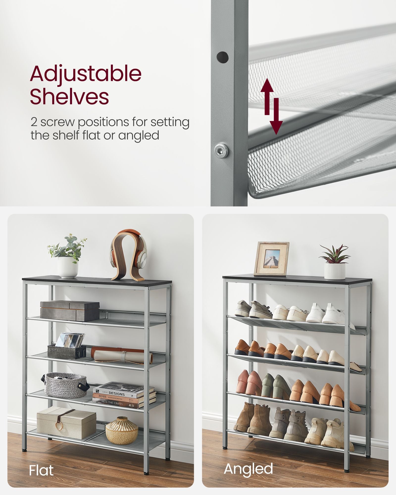 5-Tier Shoe Rack – Steel – Charcoal Grey and Metallic Silver – Space-Saving Design with Mesh Shelves and Wide Top Storage