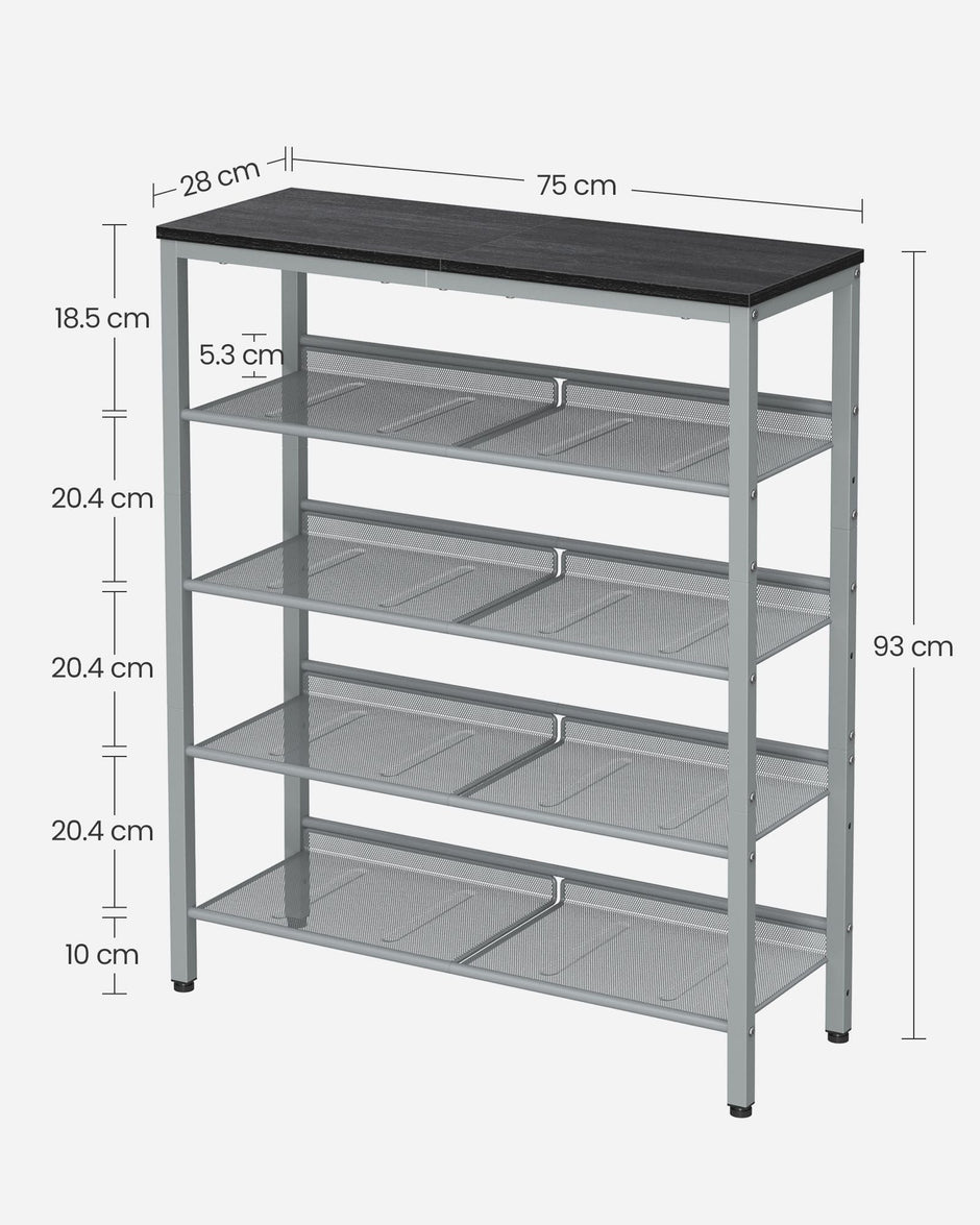 5-Tier Shoe Rack – Steel – Charcoal Grey and Metallic Silver – Space-Saving Design with Mesh Shelves and Wide Top Storage