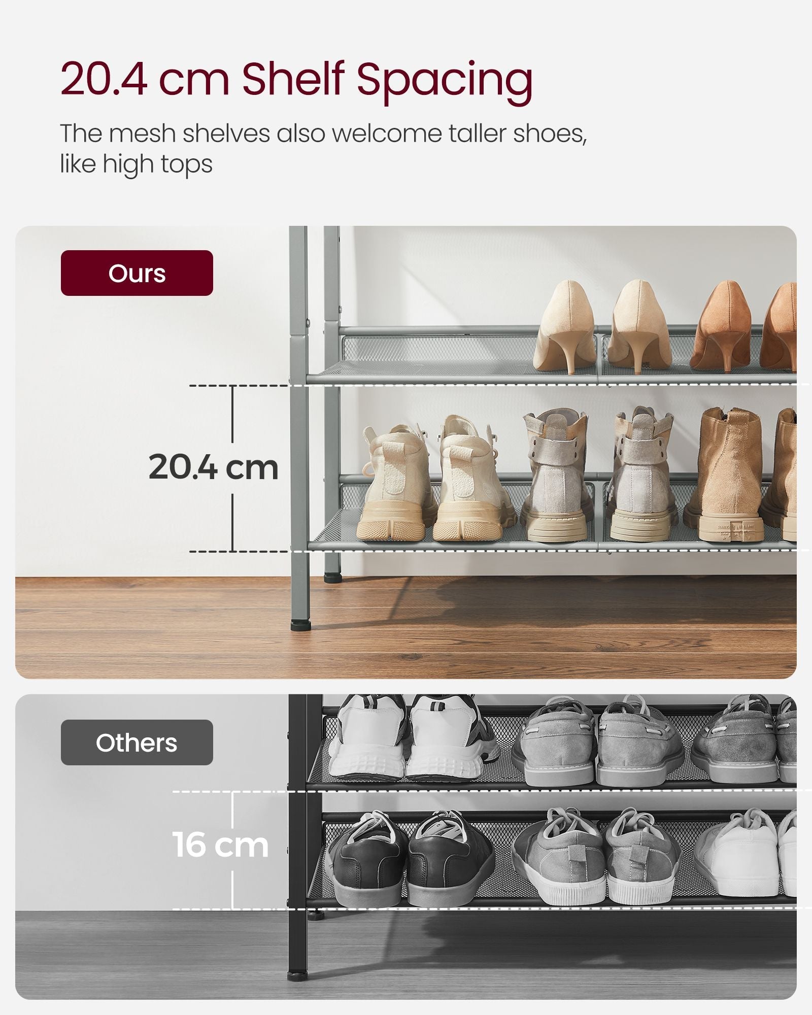 5-Tier Shoe Rack – Steel – Charcoal Grey and Metallic Silver – Space-Saving Design with Mesh Shelves and Wide Top Storage