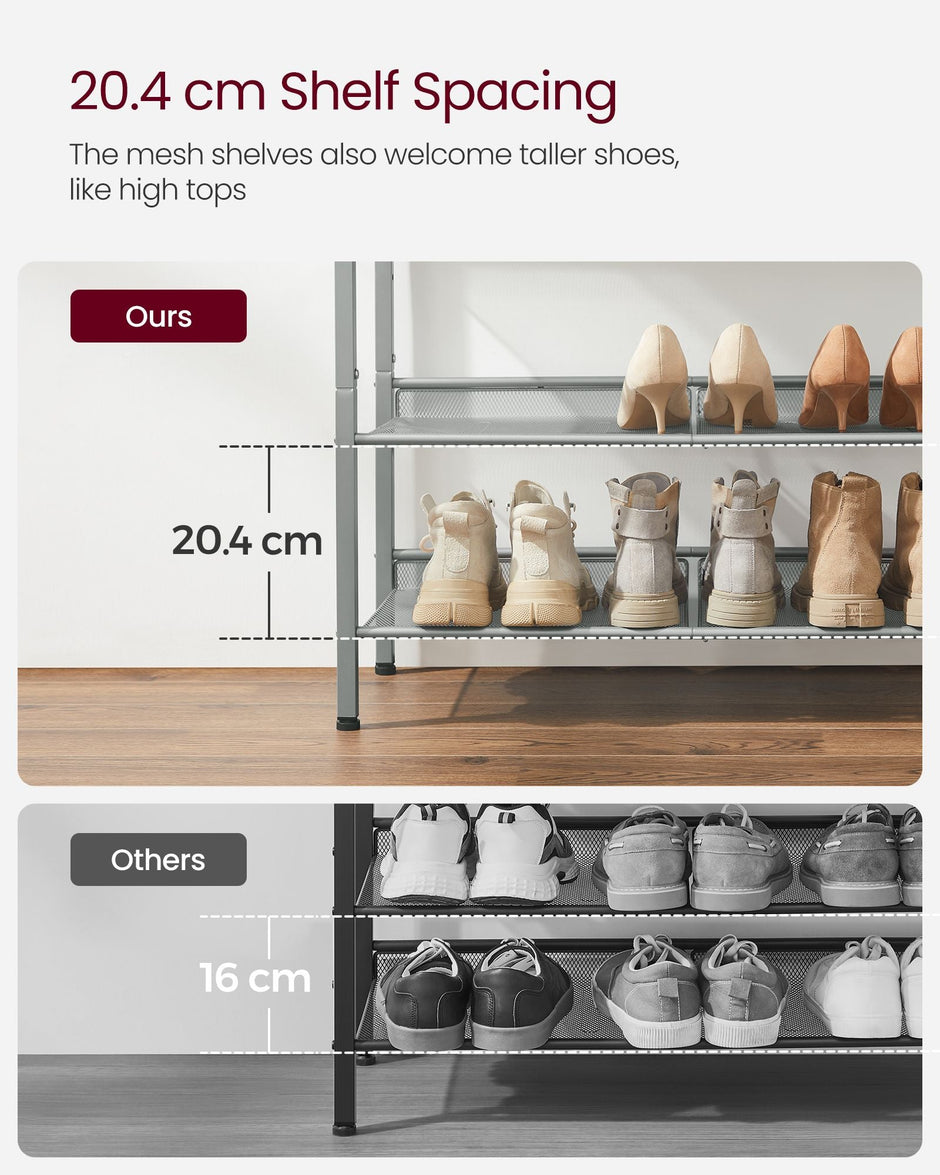 5-Tier Shoe Rack – Steel – Charcoal Grey and Metallic Silver – Space-Saving Design with Mesh Shelves and Wide Top Storage