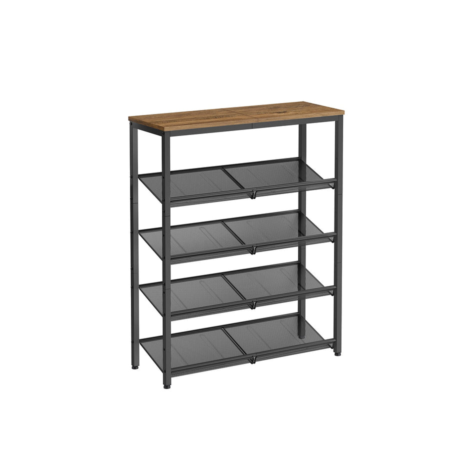 5-Tier Shoe Rack – Steel – Honey Brown and Ink Black – High Storage with Mesh Shelves and Large Top for Bags