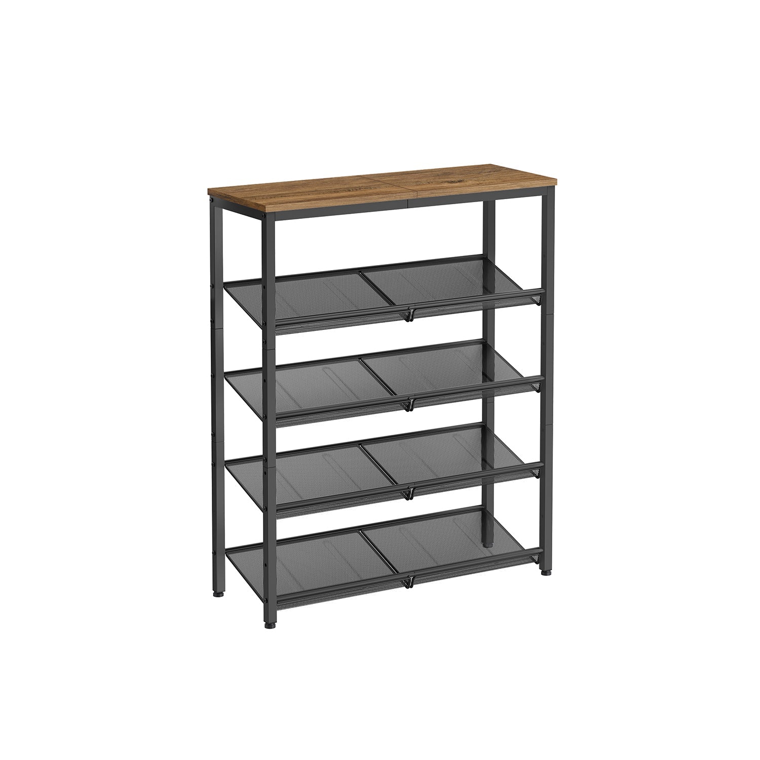 5-Tier Steel Shoe Rack – Rustic Brown & Black – Space-Saving Design with Mesh Shelves and Wide Top Storage