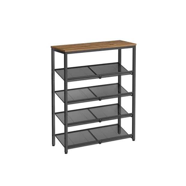 5-Tier Steel Shoe Rack – Rustic Brown & Black – Space-Saving Design with Mesh Shelves and Wide Top Storage