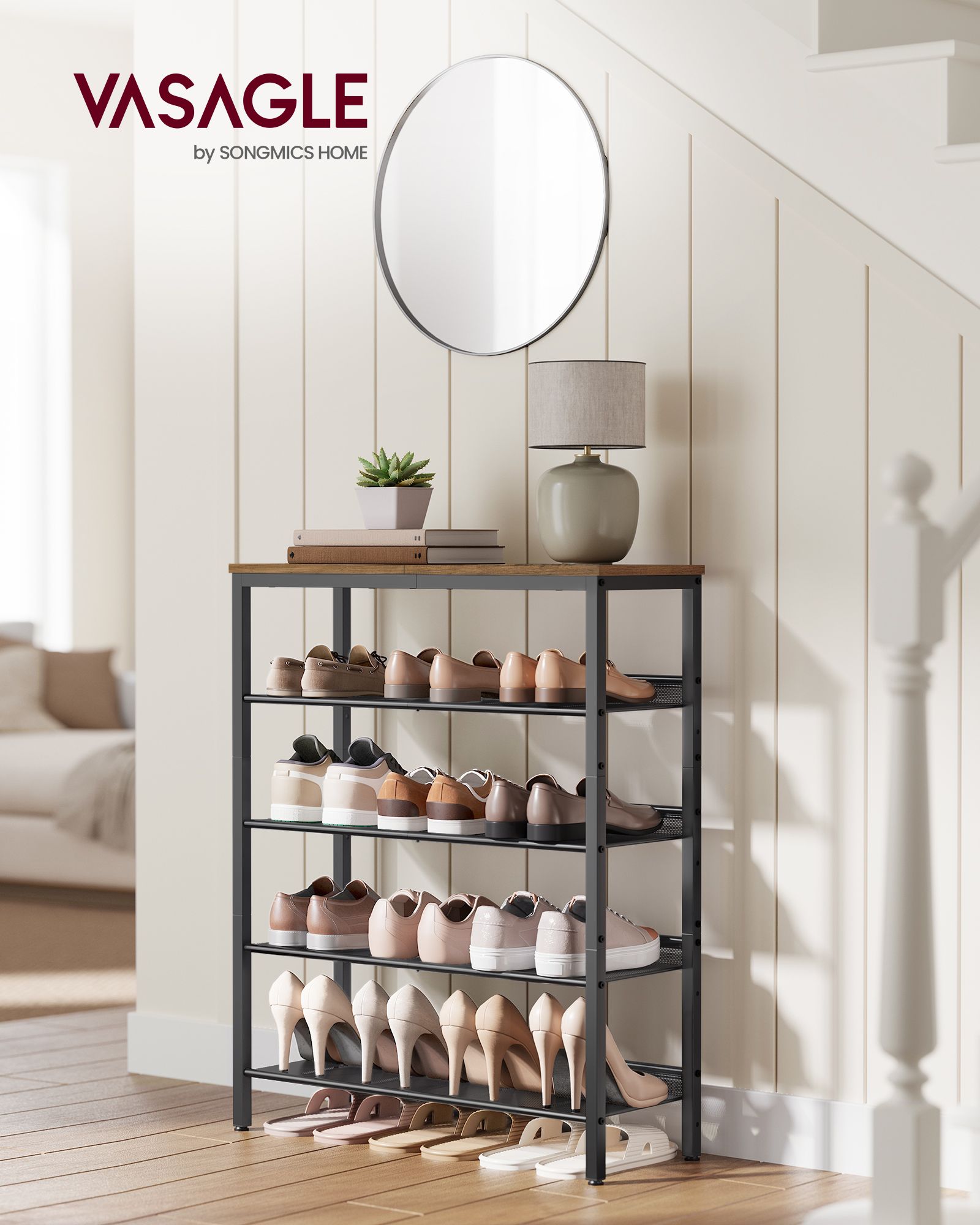 5-Tier Shoe Rack – Steel – Honey Brown and Ink Black – High Storage with Mesh Shelves and Large Top for Bags