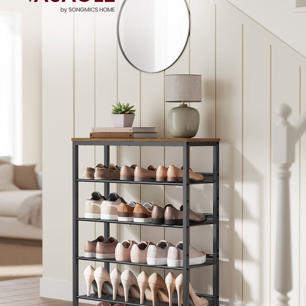 5-Tier Shoe Rack – Steel – Honey Brown and Ink Black – High Storage with Mesh Shelves and Large Top for Bags