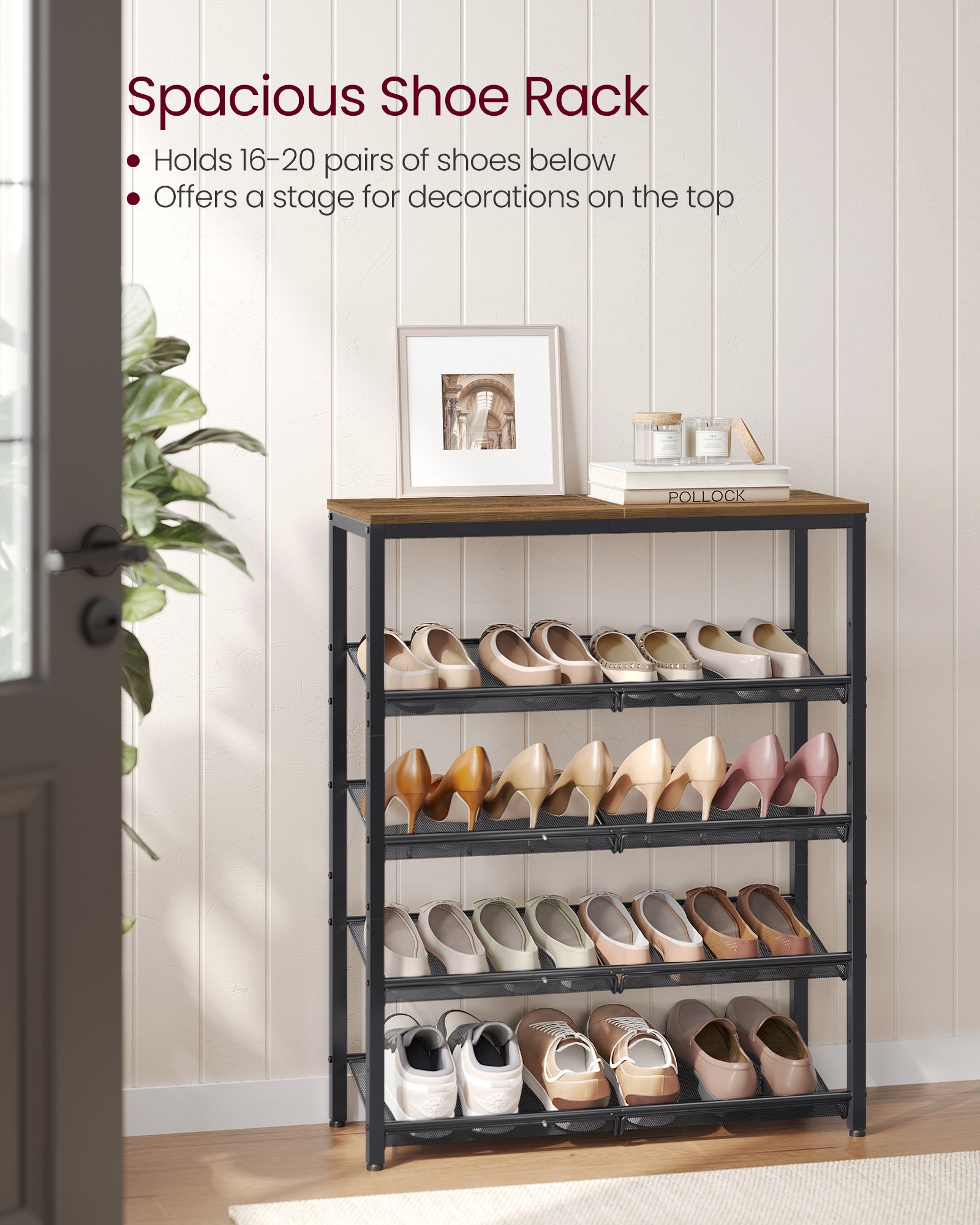 5-Tier Shoe Rack – Steel – Honey Brown and Ink Black – High Storage with Mesh Shelves and Large Top for Bags