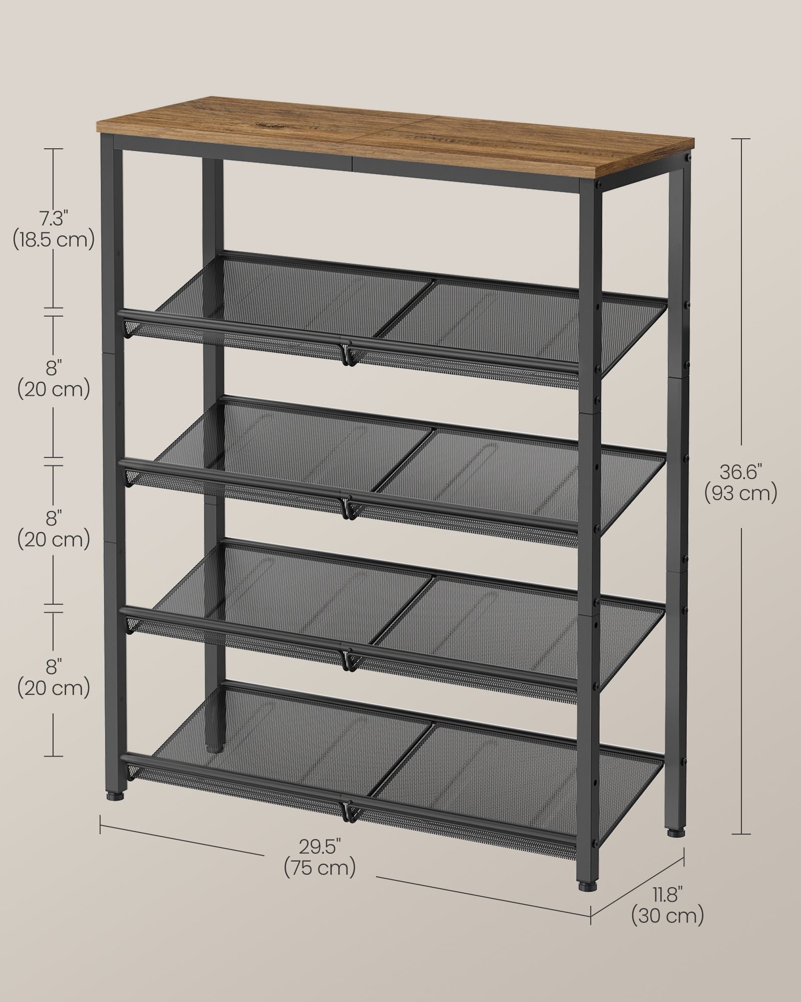 5-Tier Shoe Rack – Steel – Honey Brown and Ink Black – High Storage with Mesh Shelves and Large Top for Bags